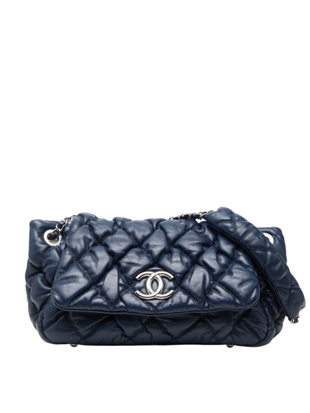 Chanel Quilted Bubble Quilt CC Logo Chain Shoulder Bag Navy Lambskin